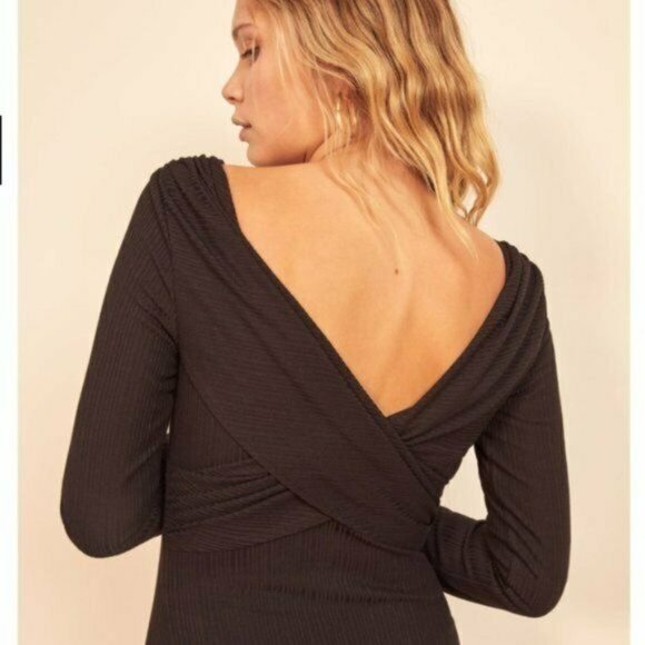 Reformation Nessa Dress Ribbed Maxi Length High Neck Long Sleeve Black Medium - Picture 4 of 12